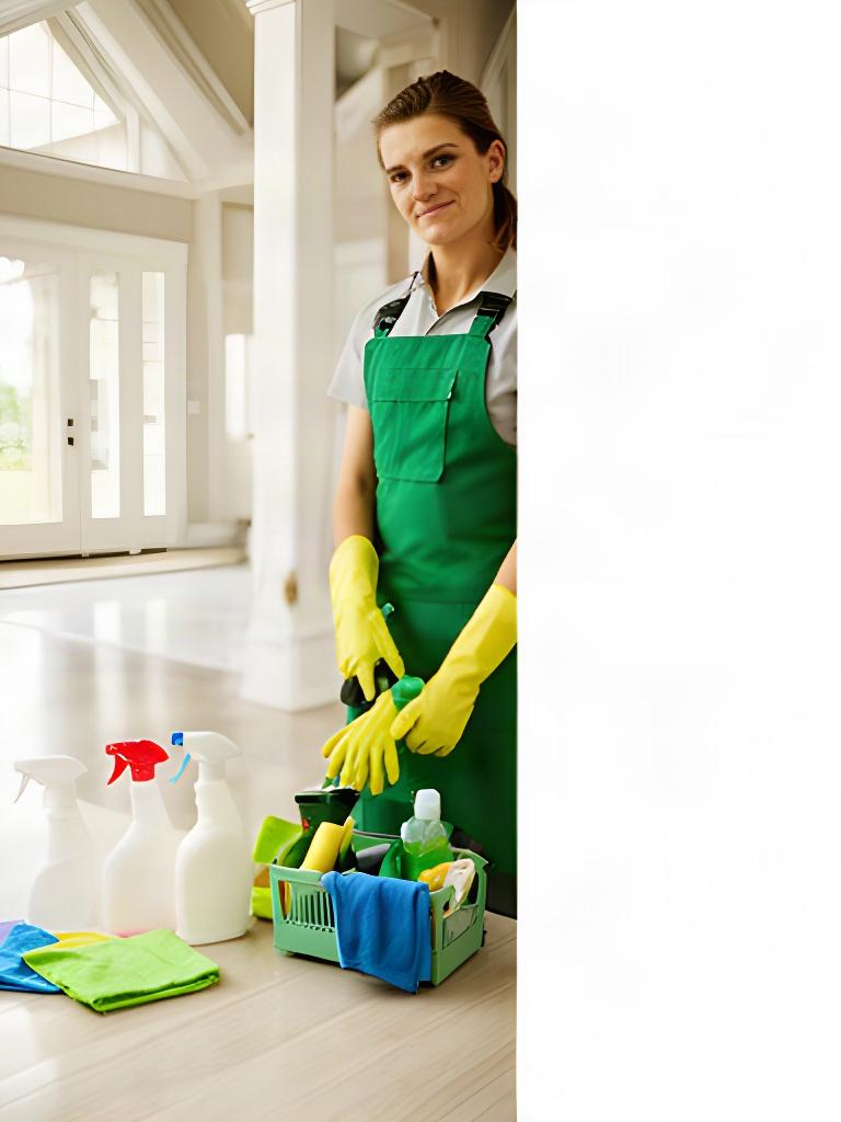 Cleaning professional preparing supplies beside a bright, tidy Alpena Township home