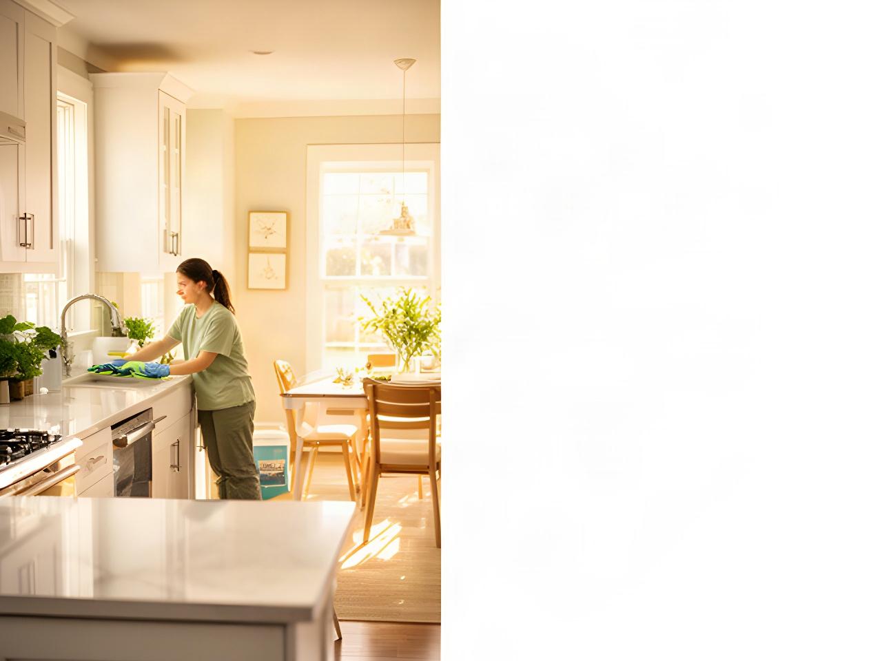 Cleaning professional wiping a bright Alpena Township kitchen beside a sunlit dining area