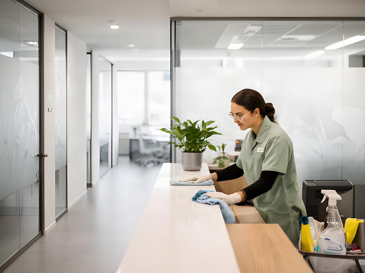 Professional cleaner preparing a commercial office reception area for a scheduled service