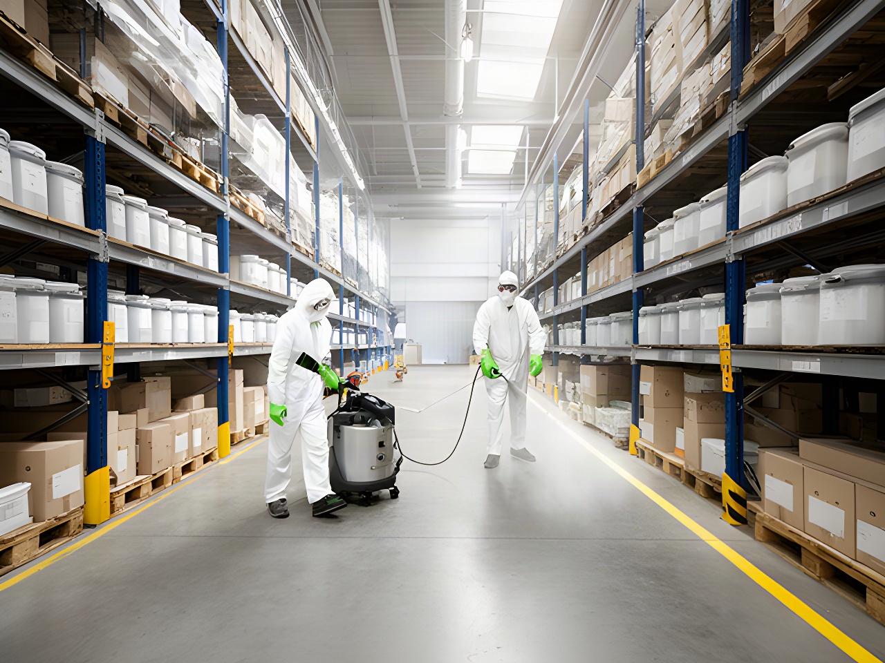 Cleaning staff sanitizing an organised warehouse aisle with commercial equipment