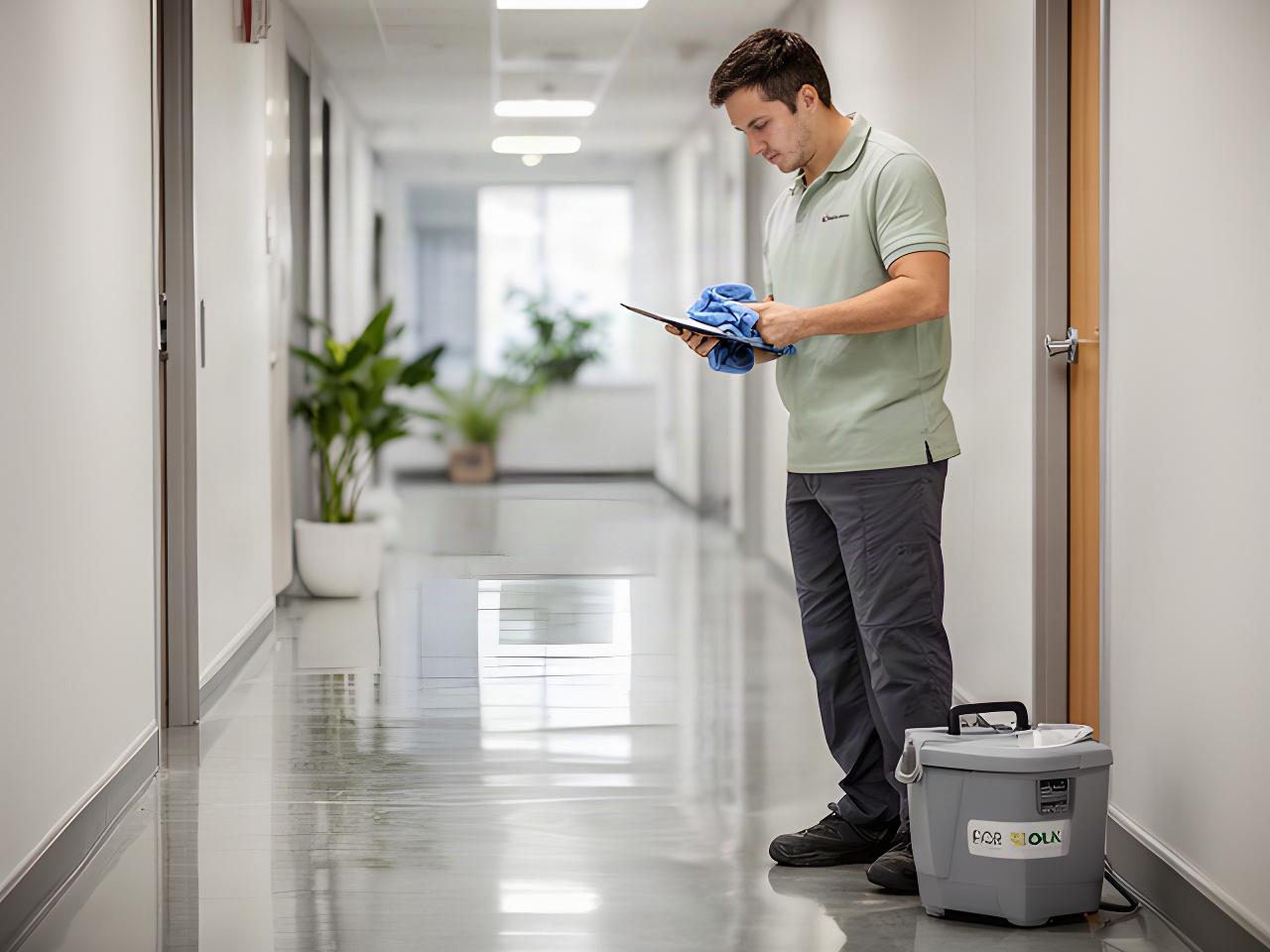 Cleaning professional checking finished work beside polished floors in a quiet office hallway