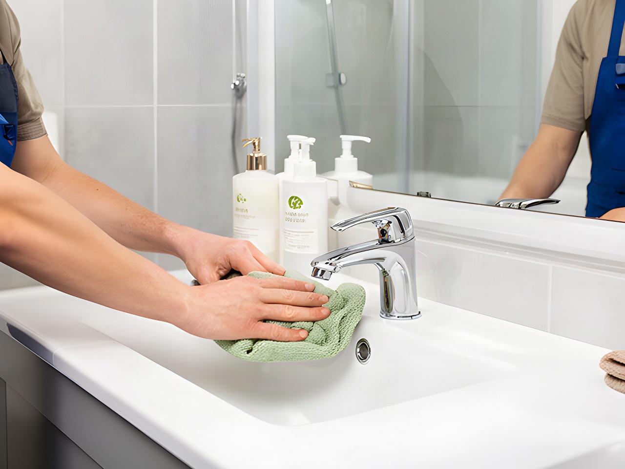 Professional cleaner polishing a residential bathroom after a detailed deep clean