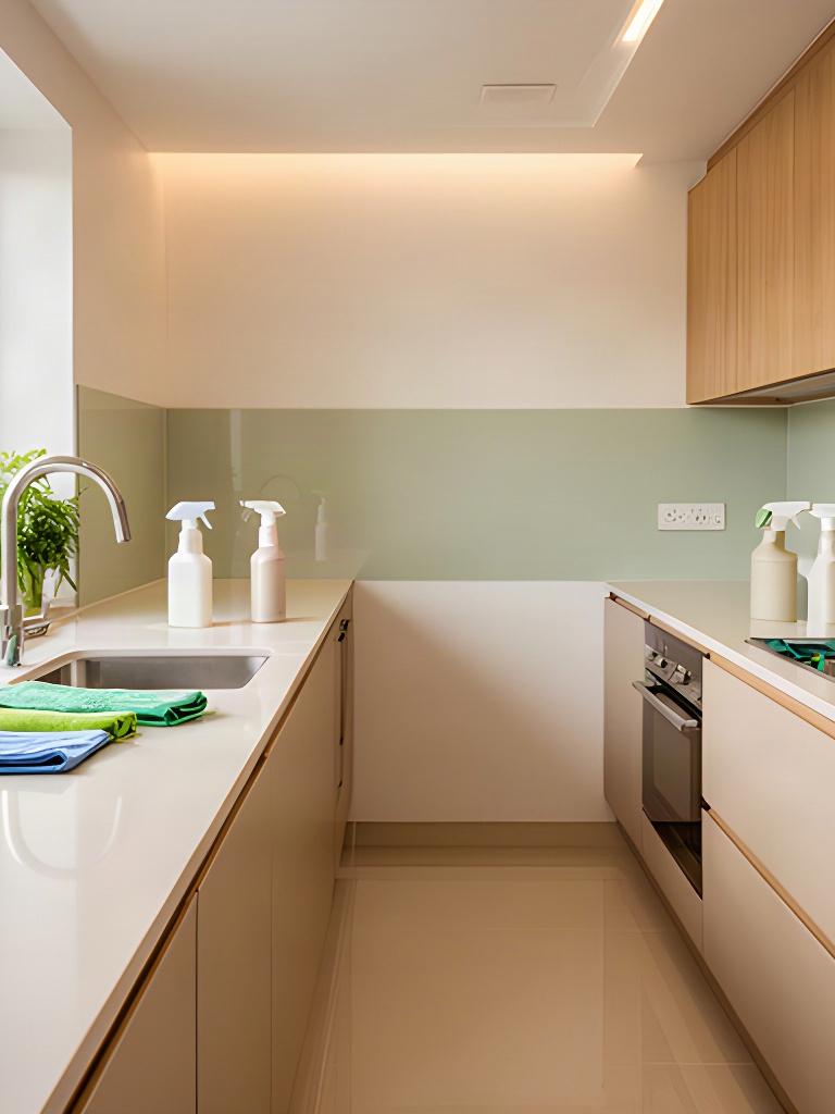Freshly cleaned kitchen with polished counters, swept floor, and organized supplies