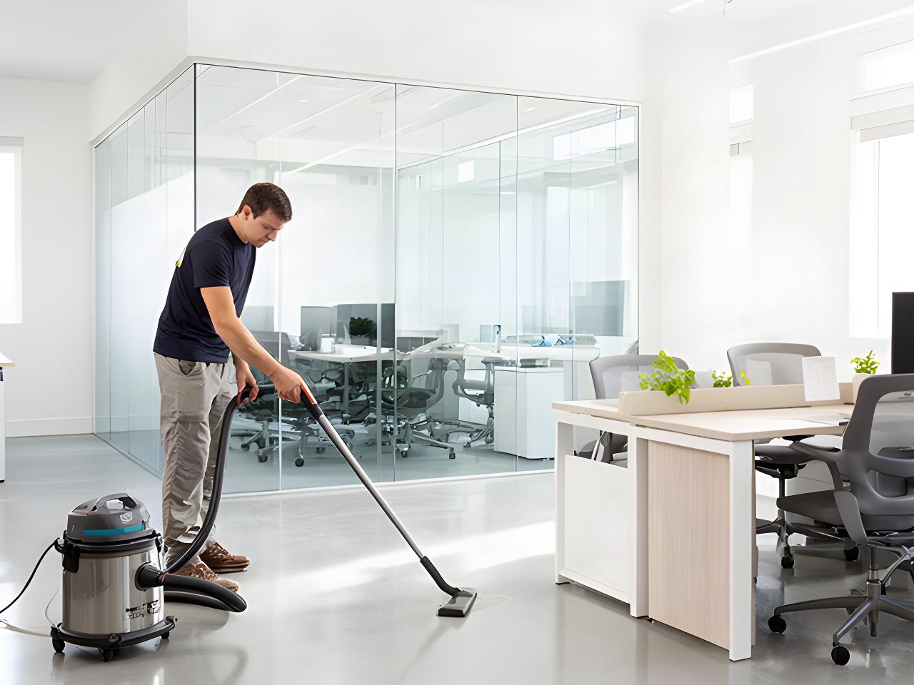 Cleaning professional vacuuming a bright Alpena Township office beside a glass conference room