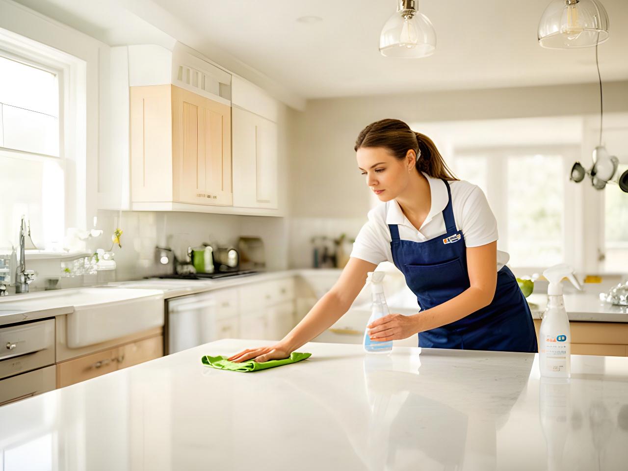Cleaning professional wiping a bright Alpena Township kitchen beside polished counters