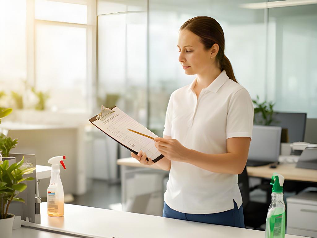 Cleaner reviewing a written service checklist in a sunlit commercial office